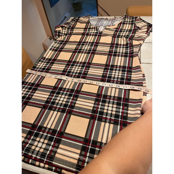 SHEIN Plaid Short Sleeve Shift Dress With Keyhole Neckline Beige/Black/Red M/L - Picture 7 of 8